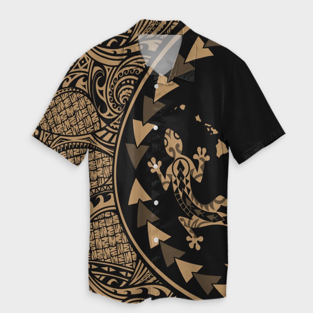 Hawaiian Map Gecko Tattoo Kakau Polynesian Hawaiian Shirt Gold AH Unisex Black - Polynesian Pride