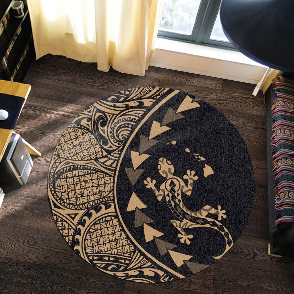 Hawaiian Map Gecko Tattoo Kakau Polynesian Round Carpet Gold AH - Polynesian Pride