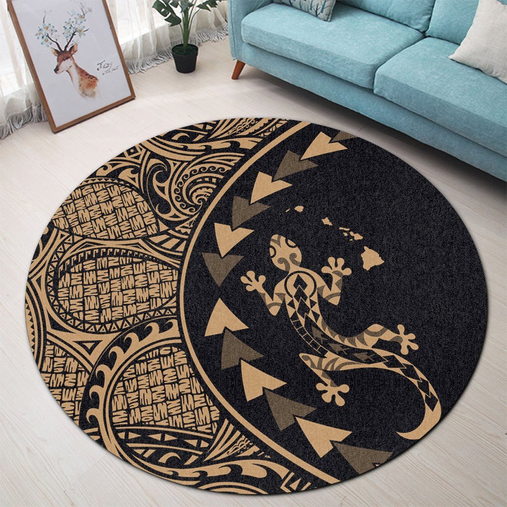 Hawaiian Map Gecko Tattoo Kakau Polynesian Round Carpet Gold AH - Polynesian Pride