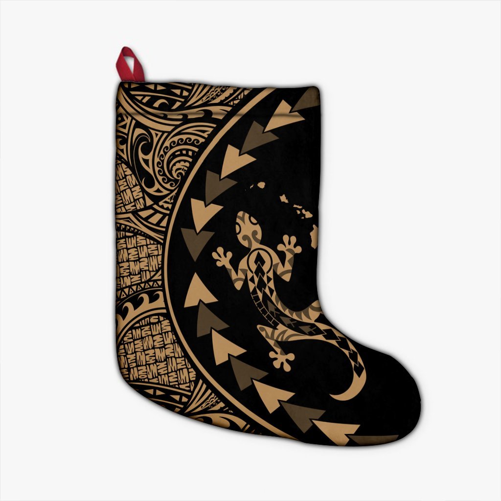 Hawaiian Map Gecko Tattoo Kakau Polynesian Christmas Stocking Gold AH Christmas Stocking 26 X 42 cm Black - Polynesian Pride