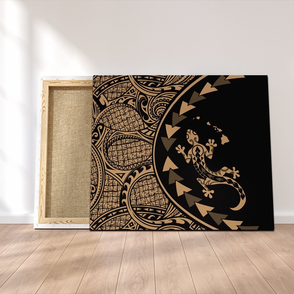 Hawaiian Map Gecko Tattoo Kakau Polynesian Canvas Gold AH Canvas Poly-cotton - Polynesian Pride