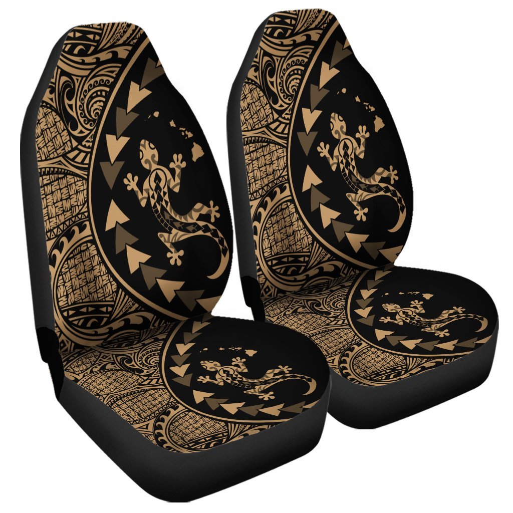 Hawaiian Map Gecko Tattoo Kakau Polynesian Car Seat Covers Gold AH Universal Fit Black - Polynesian Pride