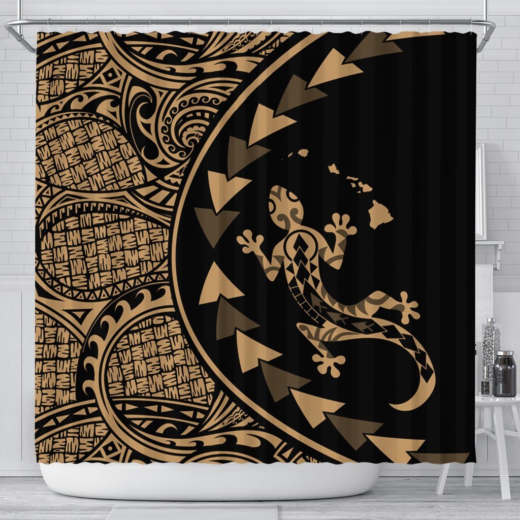 Hawaiian Map Gecko Tattoo Kakau Polynesian Shower Curtain Gold AH 177 x 172 (cm) Black - Polynesian Pride