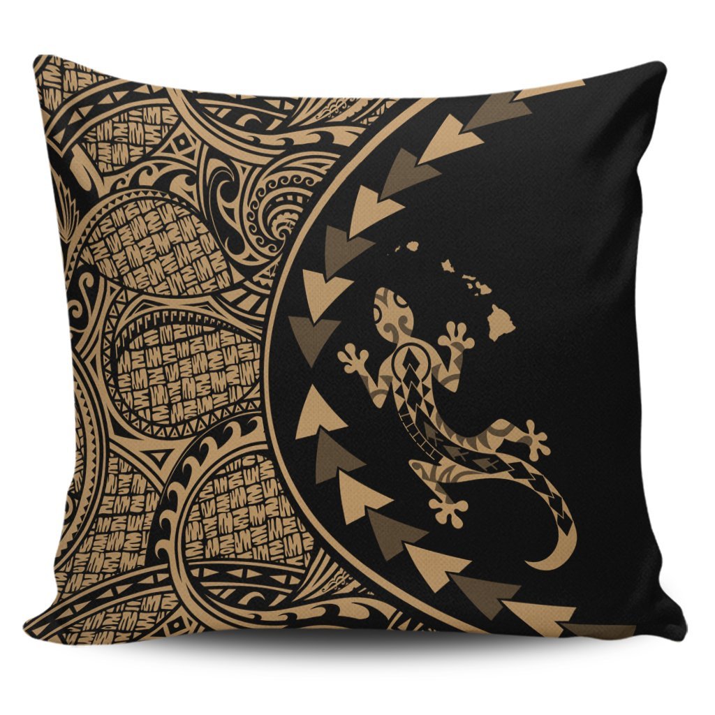 Hawaiian Map Gecko Tattoo Kakau Polynesian Pillow Covers Gold AH Pillow Covers Black - Polynesian Pride