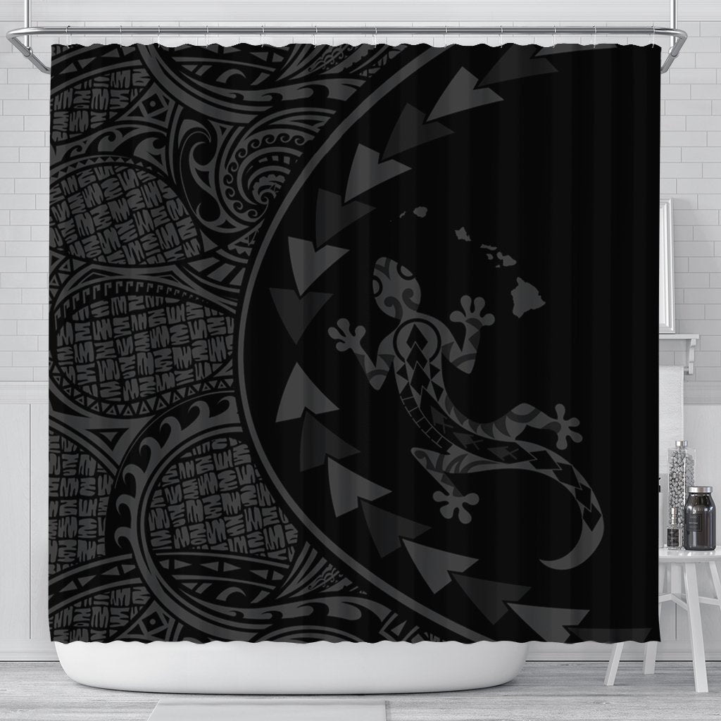 Hawaiian Map Gecko Tattoo Kakau Polynesian Shower Curtain Gray AH 177 x 172 (cm) Black - Polynesian Pride