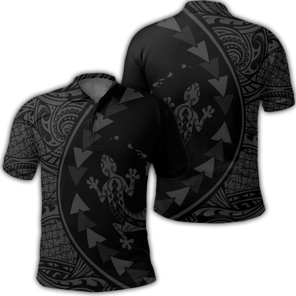 Hawaiian Map Gecko Tattoo Kakau Polynesian Polo Shirt Gray Unisex Black - Polynesian Pride