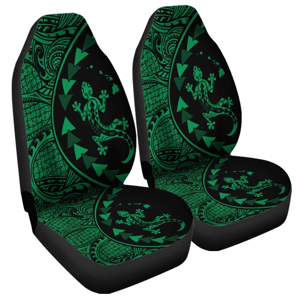 Hawaiian Map Gecko Tattoo Kakau Polynesian Car Seat Covers Green AH Universal Fit Black - Polynesian Pride