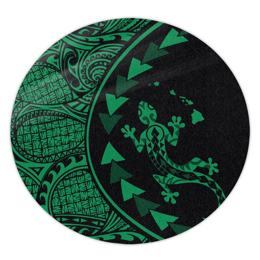 Hawaiian Map Gecko Tattoo Kakau Polynesian Round Carpet Green AH Round Carpet Luxurious Plush - Polynesian Pride