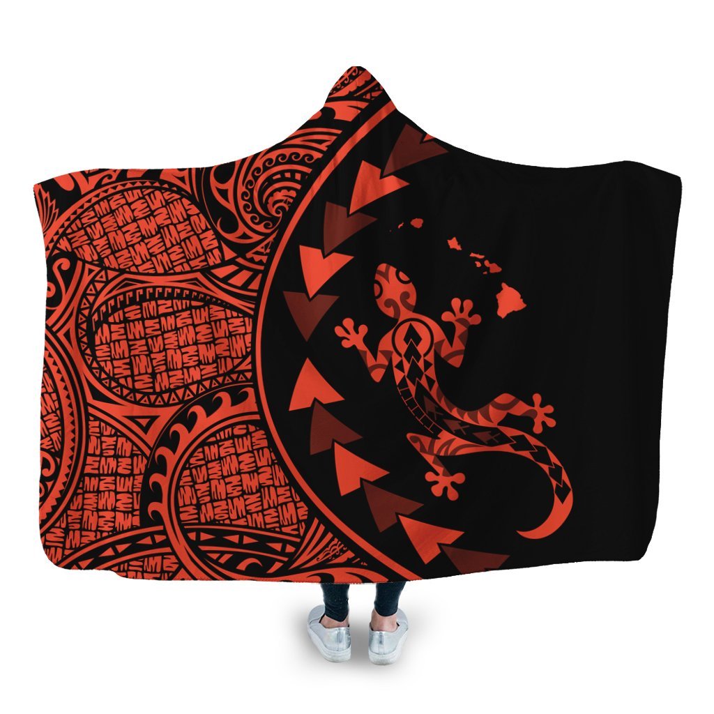 Hawaiian Map Gecko Tattoo Kakau Polynesian Hooded Blanket Orange AH Hooded Blanket White - Polynesian Pride