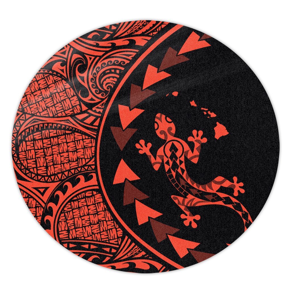 Hawaiian Map Gecko Tattoo Kakau Polynesian Round Carpet Orange AH Round Carpet Luxurious Plush - Polynesian Pride