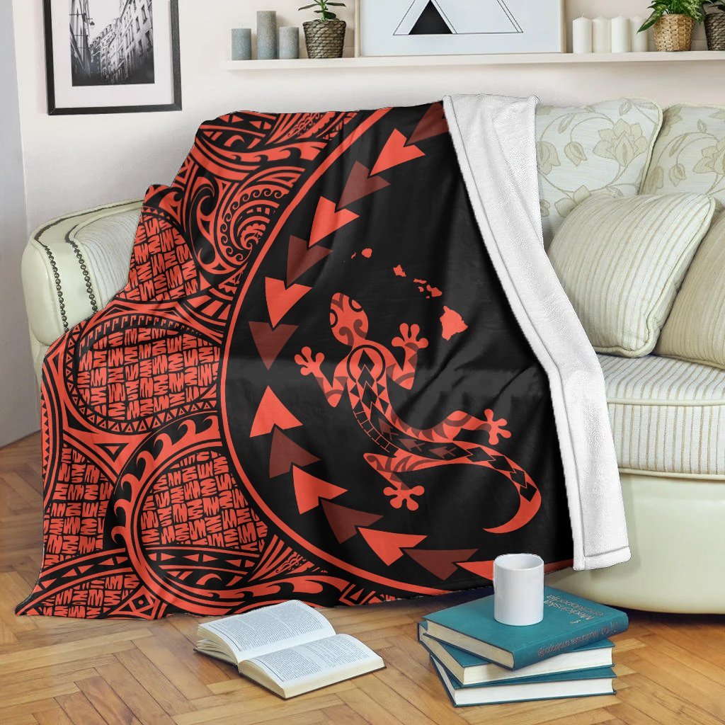 Hawaiian Map Gecko Tattoo Kakau Polynesian Premium Blankets Orange AH White - Polynesian Pride