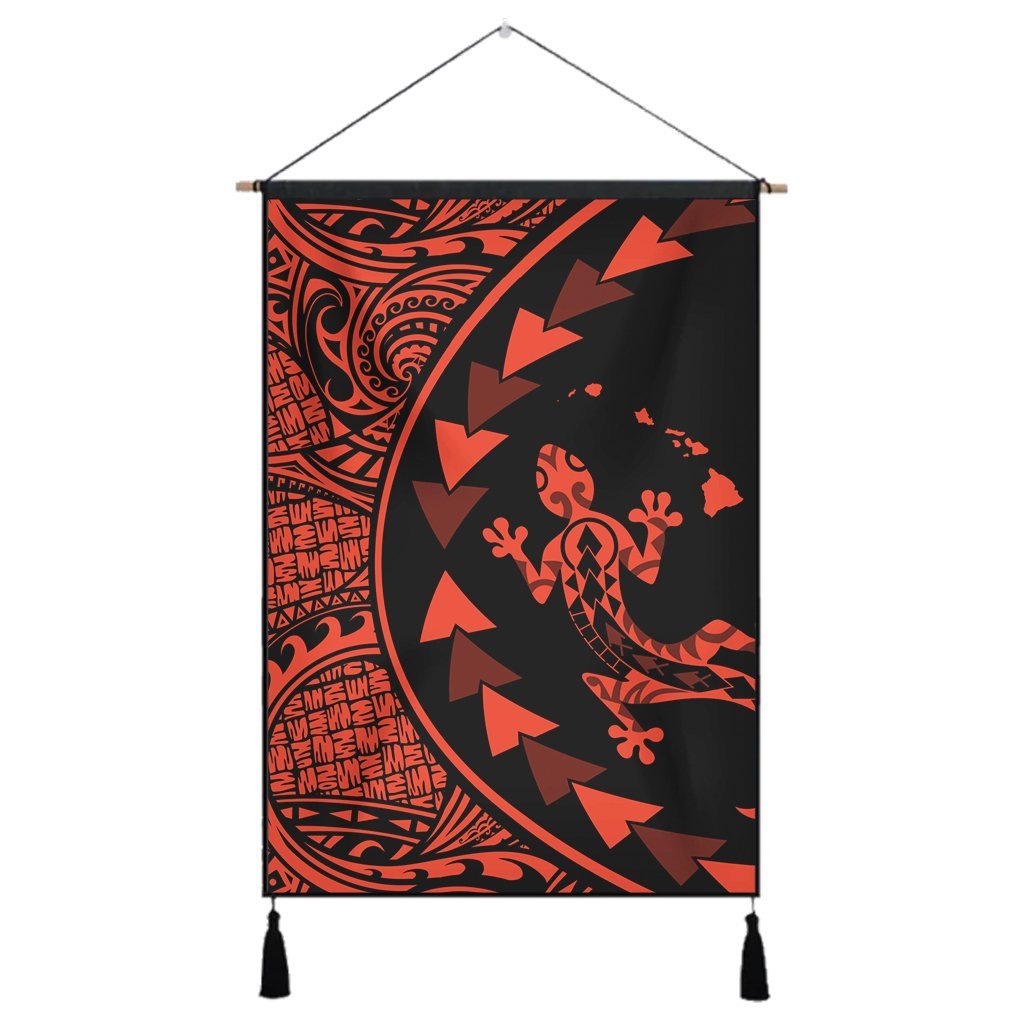 Hawaiian Map Gecko Tattoo Kakau Polynesian Hanging Poster Orange AH Hanging Poster Cotton And Linen - Polynesian Pride