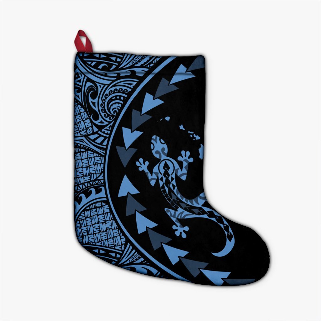 Hawaiian Map Gecko Tattoo Kakau Polynesian Christmas Stocking Pastel Blue AH Christmas Stocking 26 X 42 cm Black - Polynesian Pride