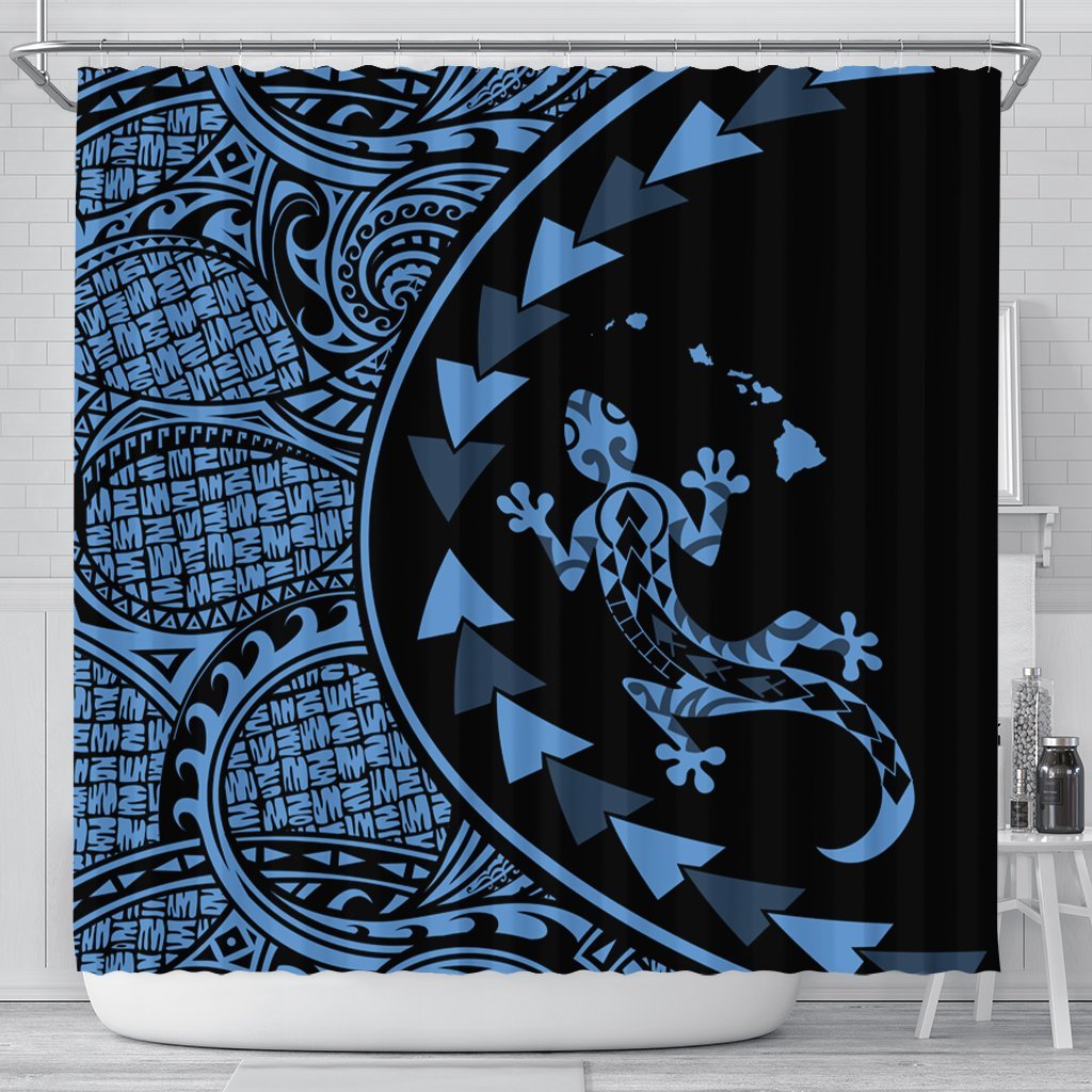 Hawaiian Map Gecko Tattoo Kakau Polynesian Shower Curtain Pastel Blue AH 177 x 172 (cm) Black - Polynesian Pride