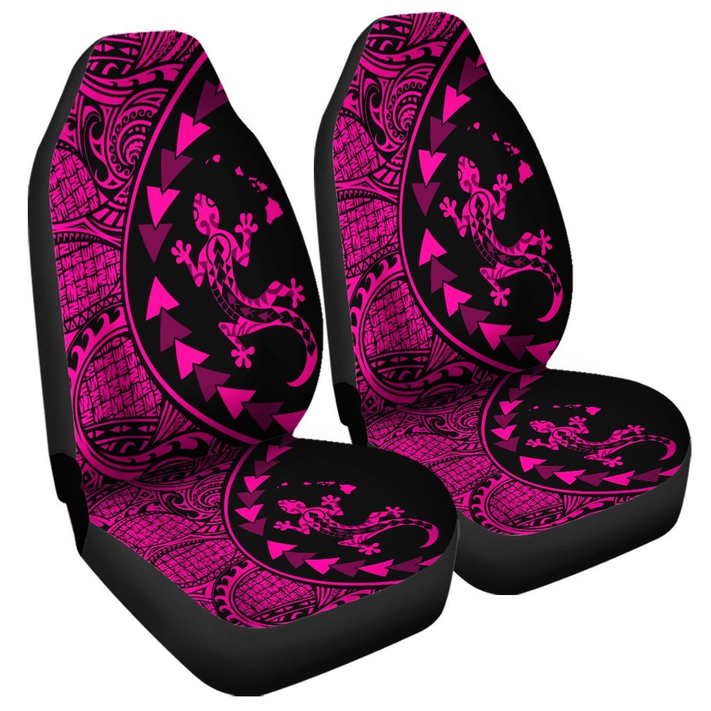 Hawaiian Map Gecko Tattoo Kakau Polynesian Car Seat Covers Pink AH Universal Fit Black - Polynesian Pride