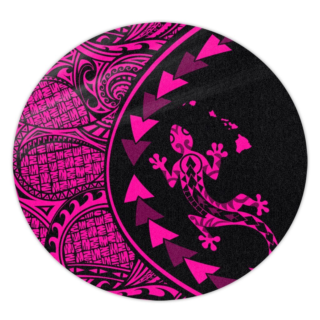 Hawaiian Map Gecko Tattoo Kakau Polynesian Round Carpet Pink AH Round Carpet Luxurious Plush - Polynesian Pride