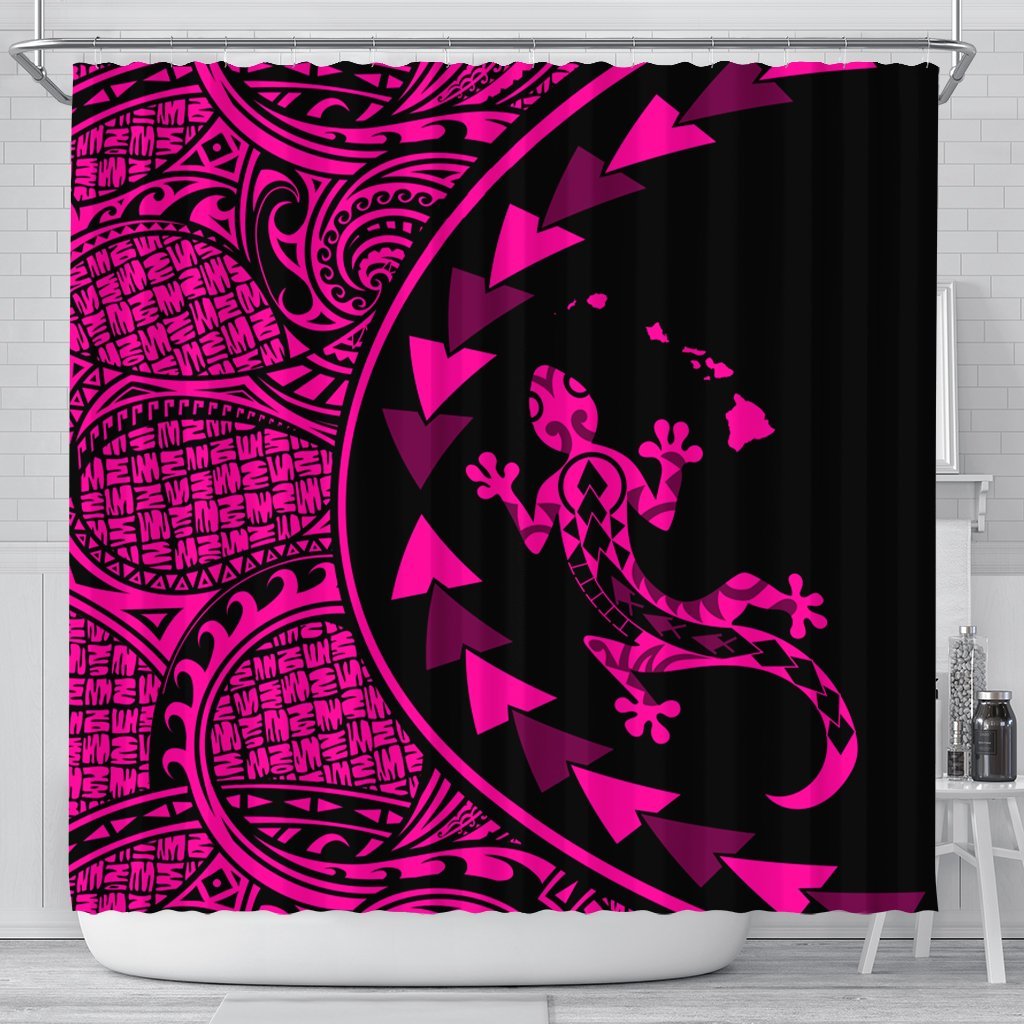 Hawaiian Map Gecko Tattoo Kakau Polynesian Shower Curtain Pink AH 177 x 172 (cm) Black - Polynesian Pride