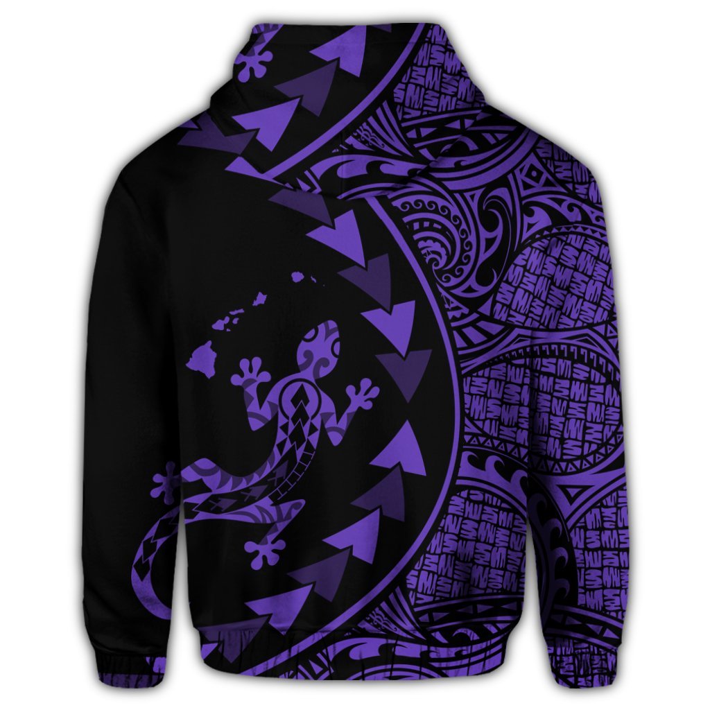 Hawaiian Map Gecko Tattoo Kakau Polynesian Zip Hoodie Purple - Polynesian Pride