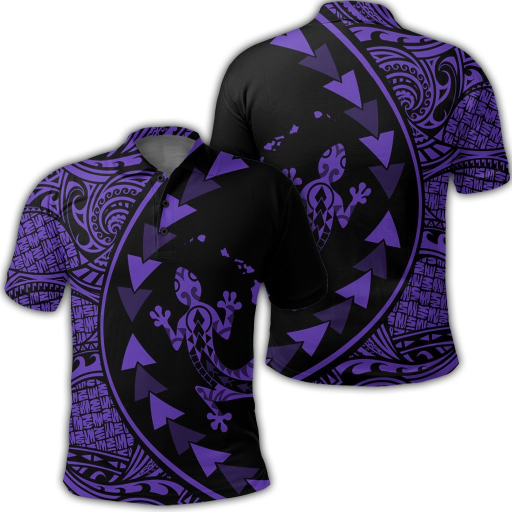 Hawaiian Map Gecko Tattoo Kakau Polynesian Polo Shirt Purple Unisex Black - Polynesian Pride