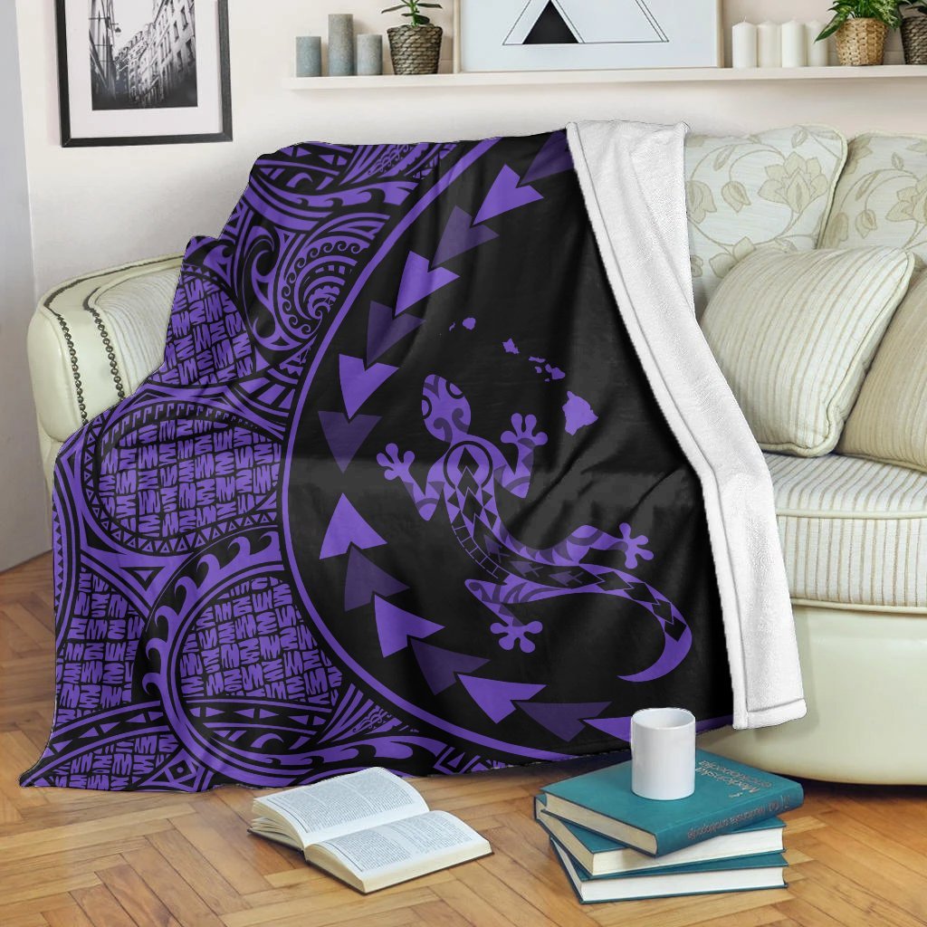 Hawaiian Map Gecko Tattoo Kakau Polynesian Premium Blankets Purple AH White - Polynesian Pride