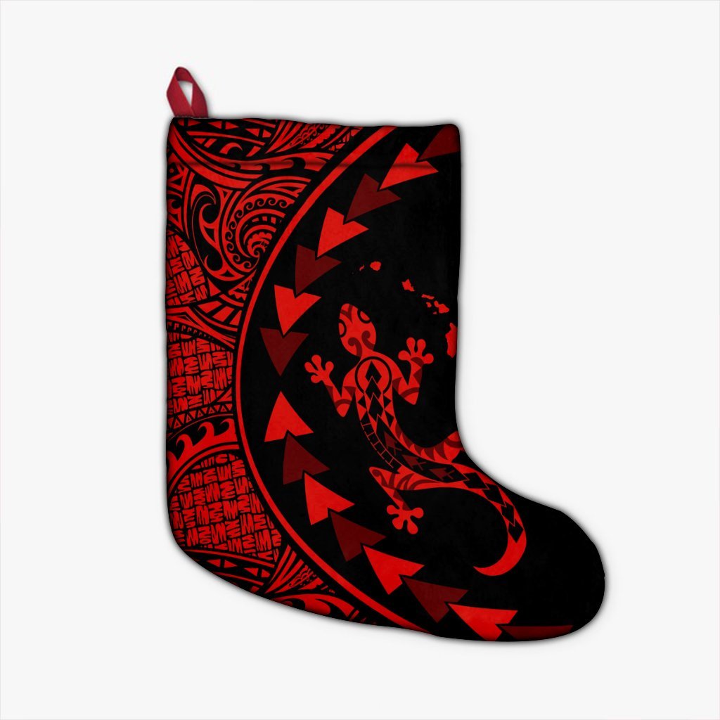 Hawaiian Map Gecko Tattoo Kakau Polynesian Christmas Stocking Red AH Christmas Stocking 26 X 42 cm Black - Polynesian Pride