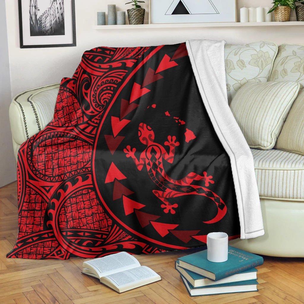 Hawaiian Map Gecko Tattoo Kakau Polynesian Premium Blankets Red AH White - Polynesian Pride