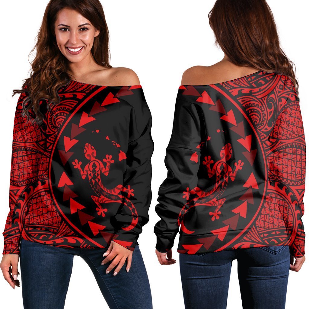 Hawaiian Map Gecko Tattoo Kakau Polynesian Women's Off Shoulder Sweater Red AH Black - Polynesian Pride