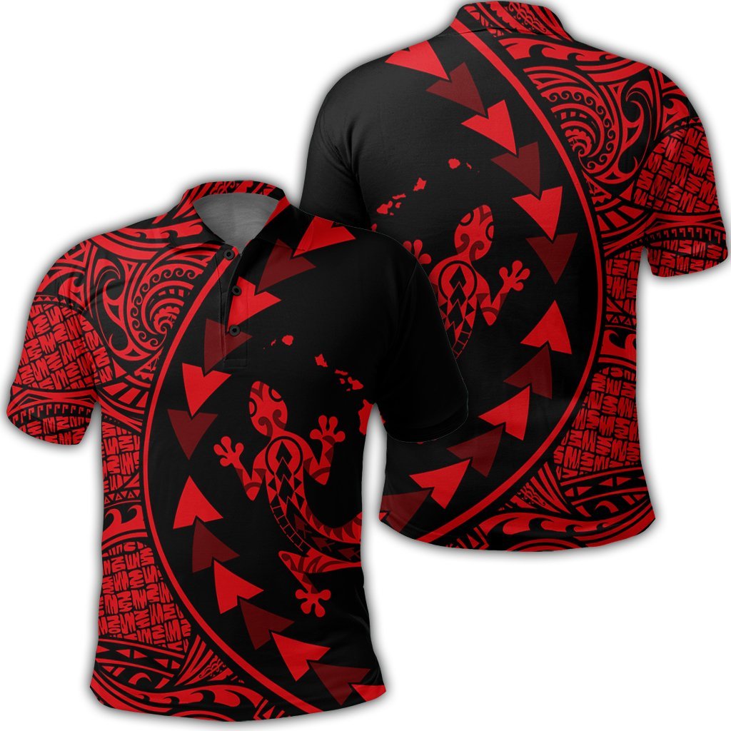 Hawaiian Map Gecko Tattoo Kakau Polynesian Polo Shirt Red Unisex Black - Polynesian Pride