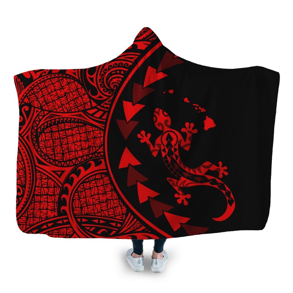 Hawaiian Map Gecko Tattoo Kakau Polynesian Hooded Blanket Red AH Hooded Blanket White - Polynesian Pride