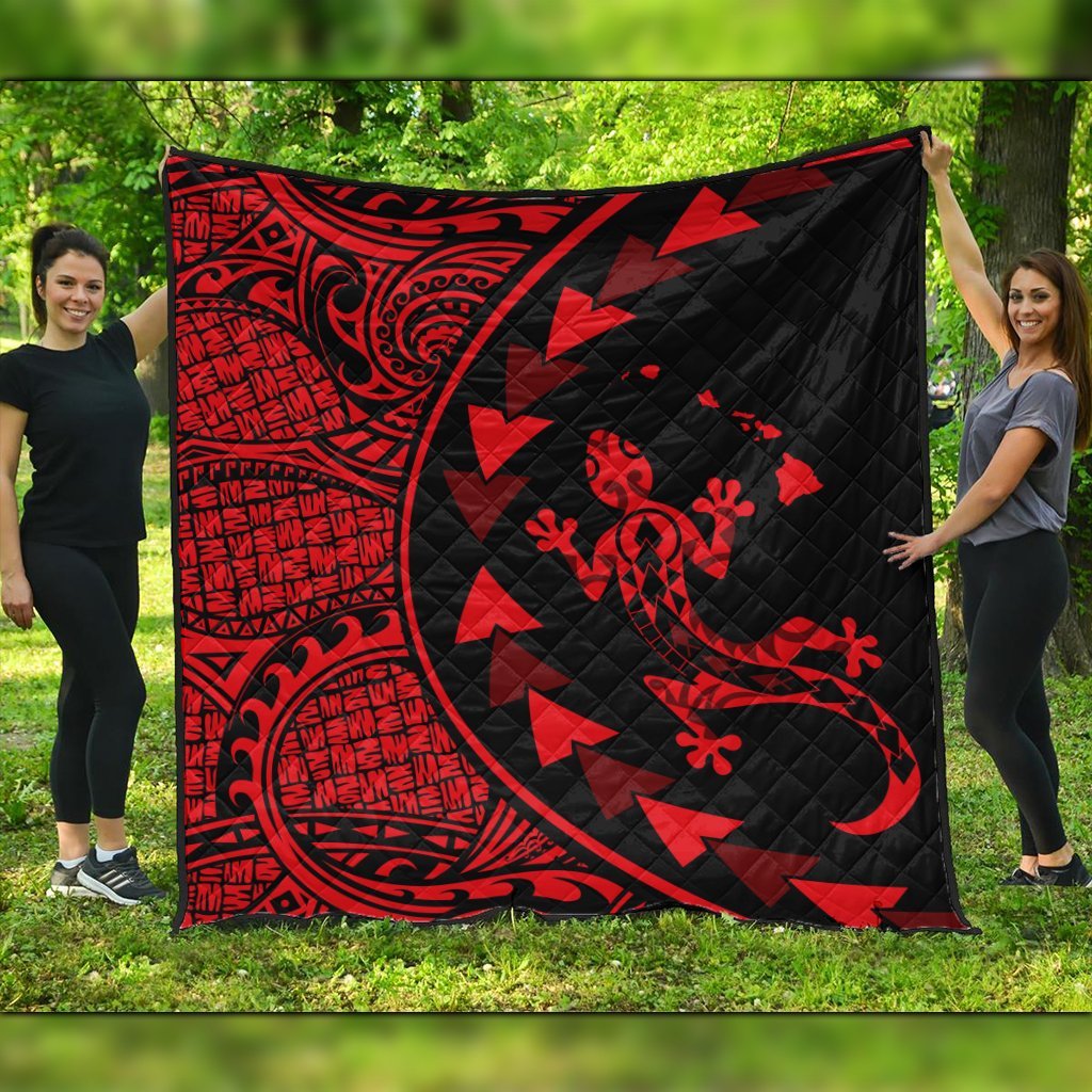 Hawaiian Map Gecko Tattoo Kakau Polynesian Premium Quilts Red AH Black - Polynesian Pride