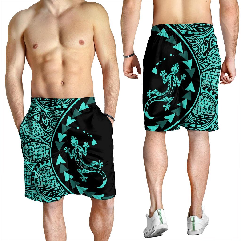 Hawaiian Map Gecko Tattoo Kakau Polynesian Men's Shorts Turquoise AH - Polynesian Pride