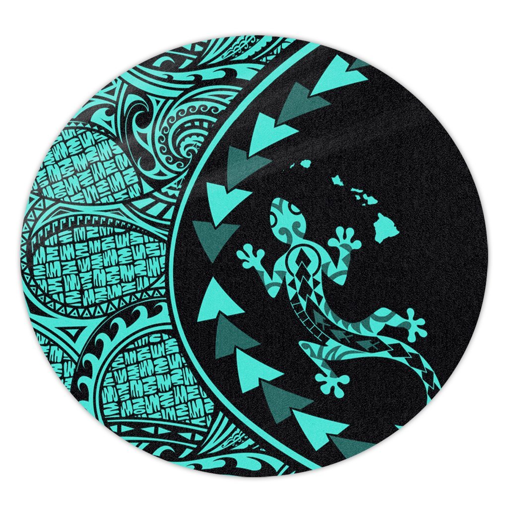 Hawaiian Map Gecko Tattoo Kakau Polynesian Round Carpet Turquoise AH Round Carpet Luxurious Plush - Polynesian Pride