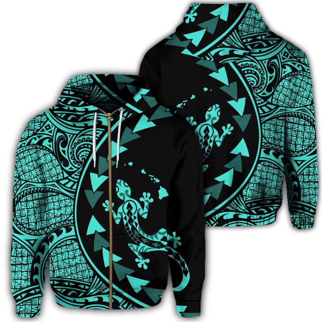 Hawaiian Map Gecko Tattoo Kakau Polynesian Zip Hoodie Turquoise Unisex Art - Polynesian Pride