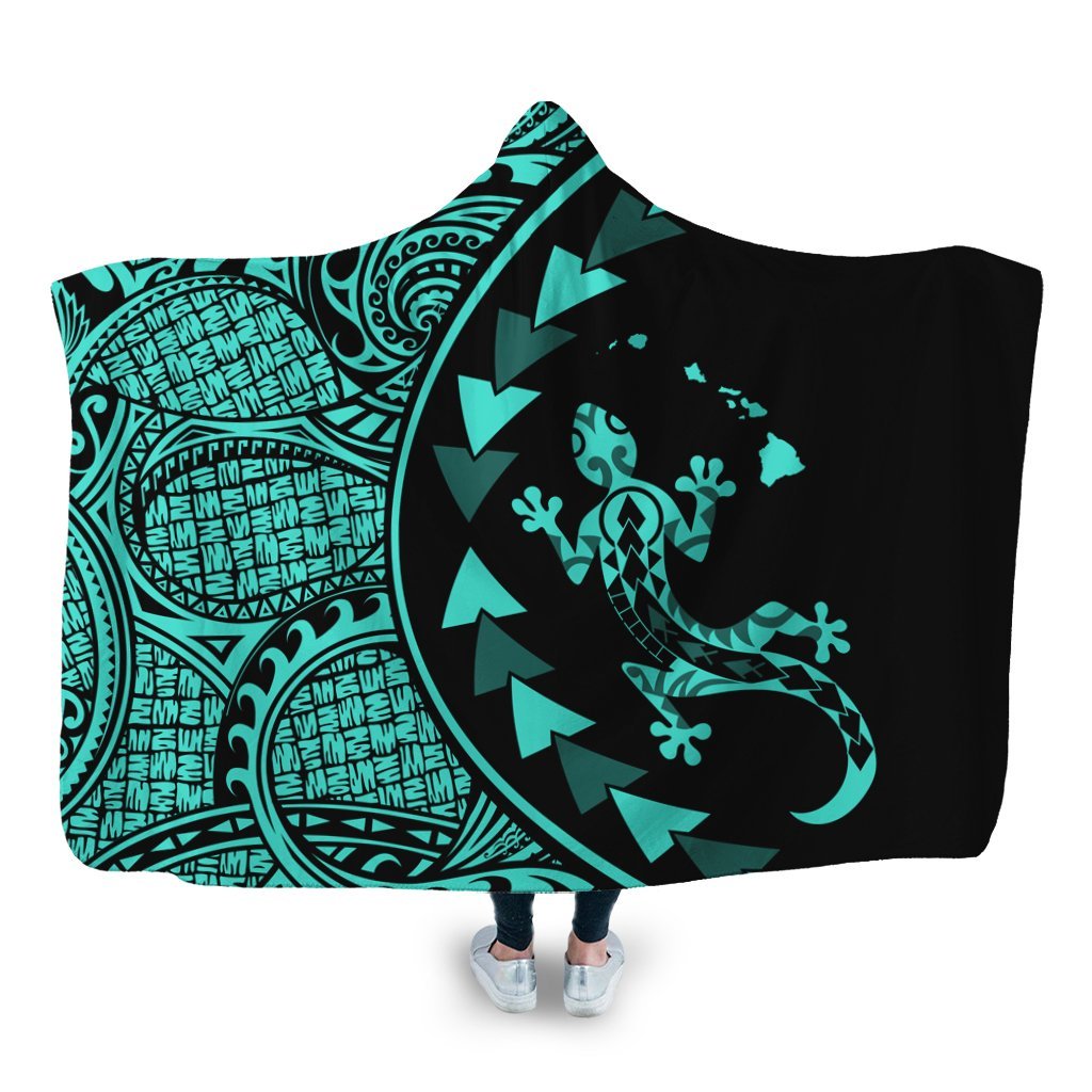 Hawaiian Map Gecko Tattoo Kakau Polynesian Hooded Blanket Turquoise AH Hooded Blanket White - Polynesian Pride