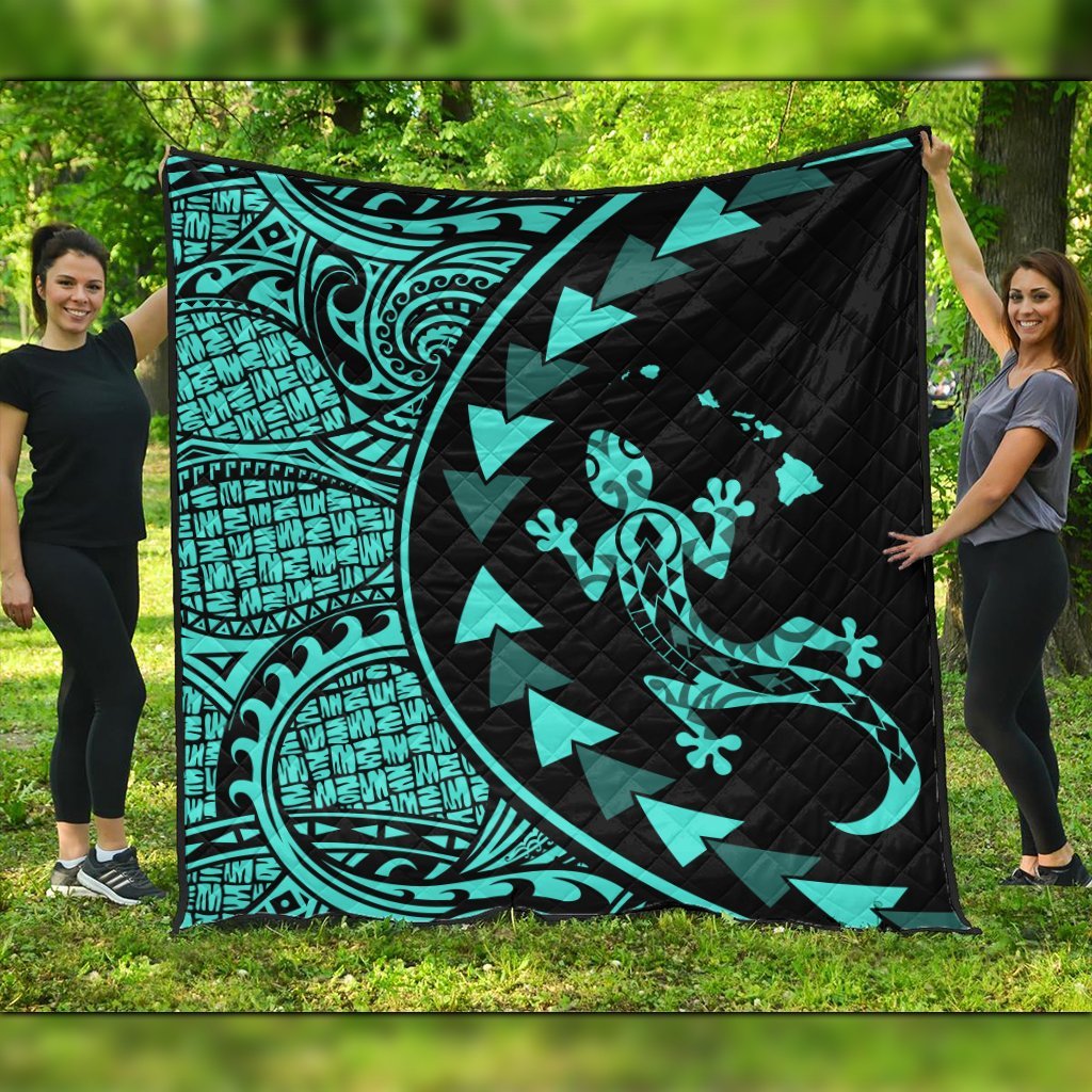 Hawaiian Map Gecko Tattoo Kakau Polynesian Premium Quilts Turquoise AH Black - Polynesian Pride