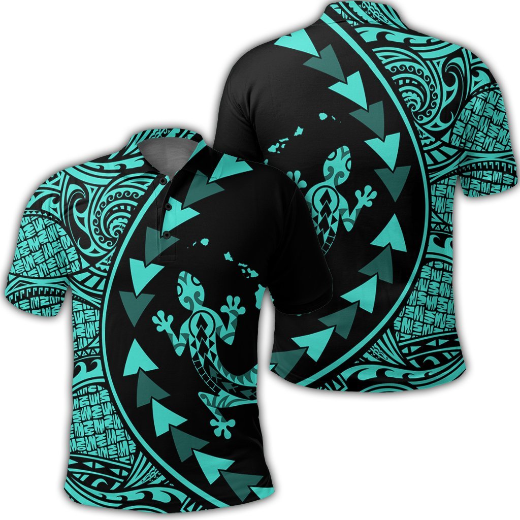 Hawaiian Map Gecko Tattoo Kakau Polynesian Polo Shirt Turquoise Unisex Black - Polynesian Pride