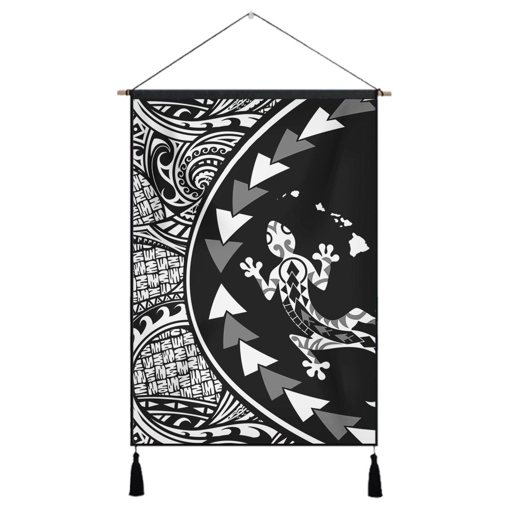 Hawaiian Map Gecko Tattoo Kakau Polynesian Hanging Poster White AH Hanging Poster Cotton And Linen - Polynesian Pride