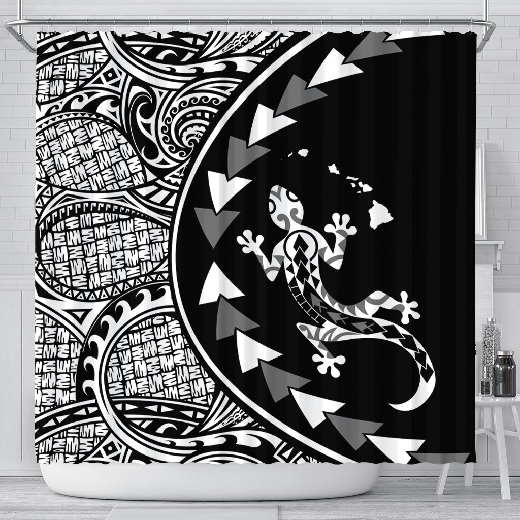 Hawaiian Map Gecko Tattoo Kakau Polynesian Shower Curtain White AH 177 x 172 (cm) Black - Polynesian Pride