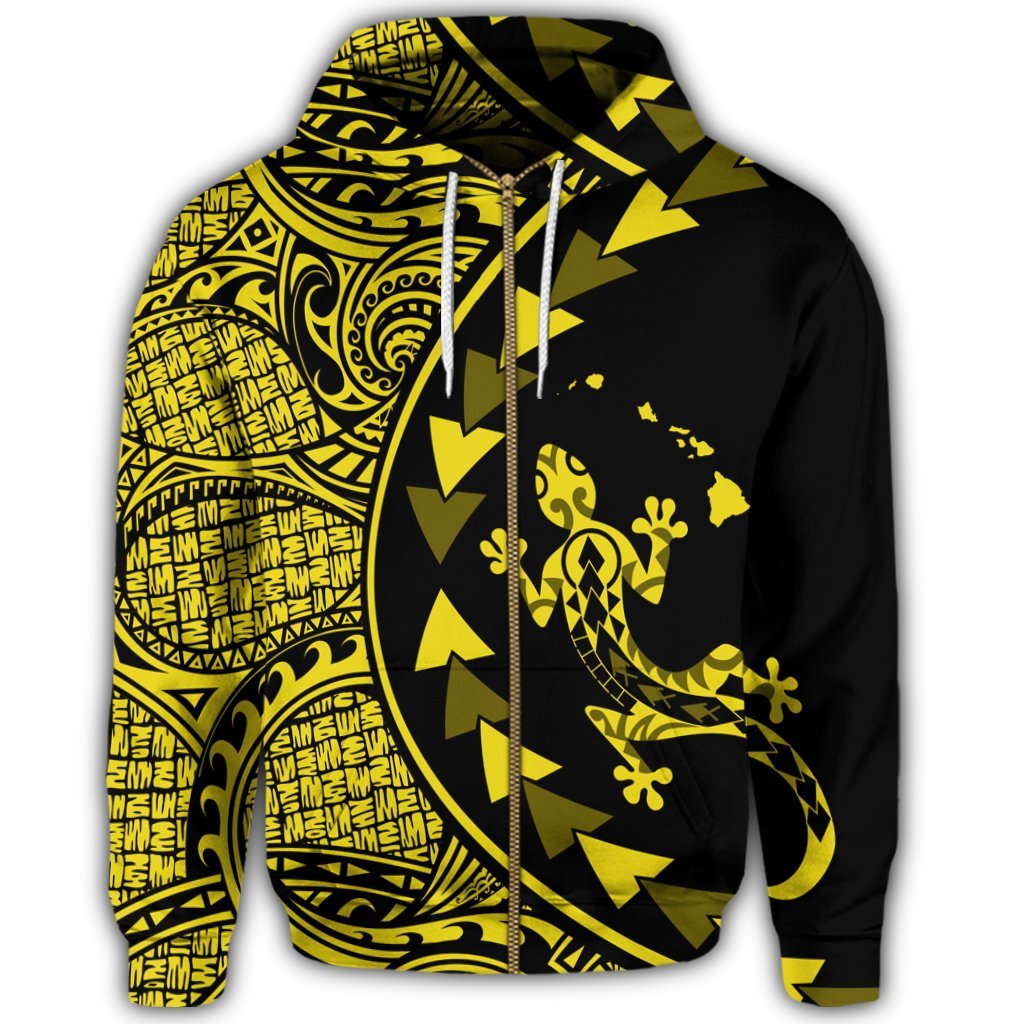Hawaiian Map Gecko Tattoo Kakau Polynesian Zip Hoodie Yellow - Polynesian Pride