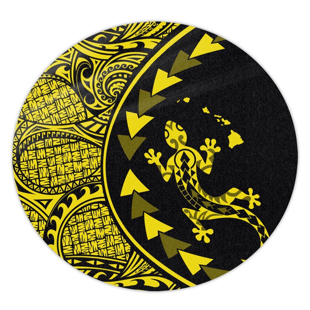 Hawaiian Map Gecko Tattoo Kakau Polynesian Round Carpet Yellow AH Round Carpet Luxurious Plush - Polynesian Pride