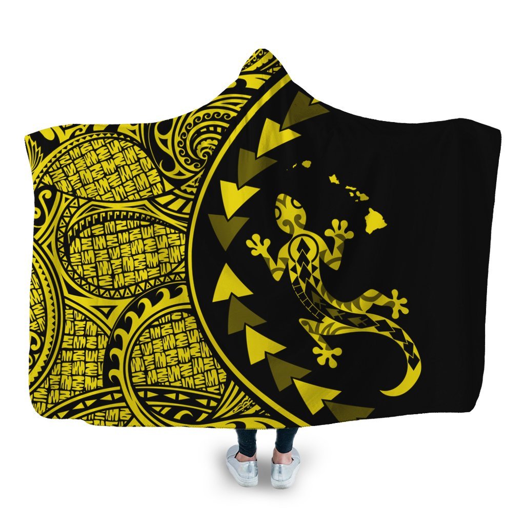 Hawaiian Map Gecko Tattoo Kakau Polynesian Hooded Blanket Yellow AH Hooded Blanket White - Polynesian Pride