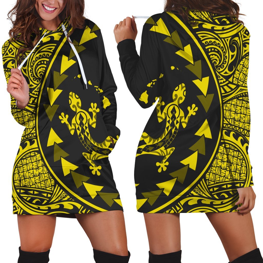 Hawaiian Map Gecko Tattoo Kakau Polynesian Hoodie Dress Yellow AH Black - Polynesian Pride