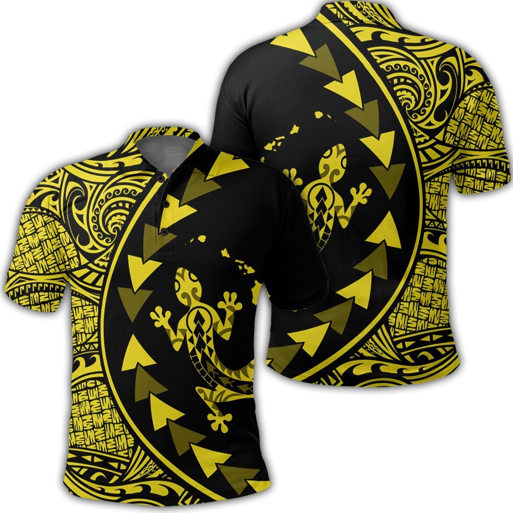 Hawaiian Map Gecko Tattoo Kakau Polynesian Polo Shirt Yellow Unisex Black - Polynesian Pride