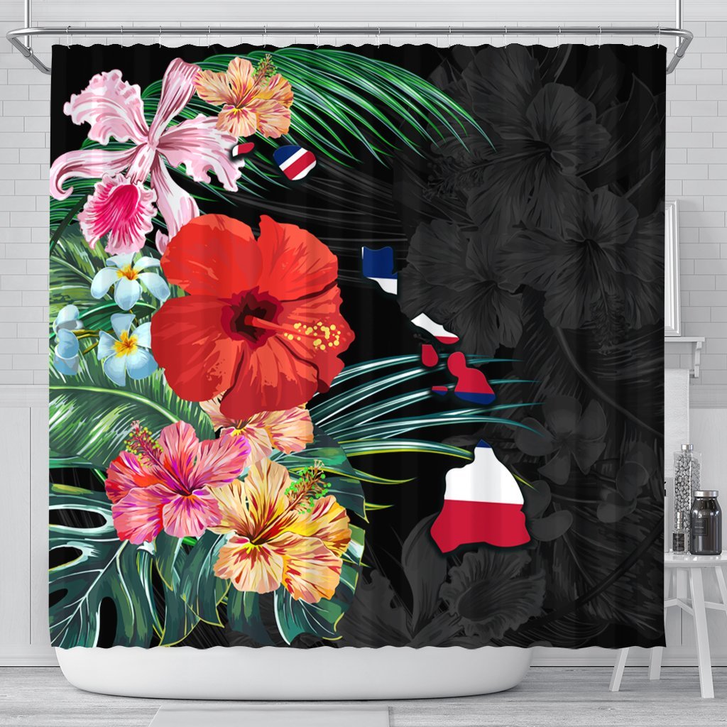 Hawaiian Map Hawaii Flag Hibiscus Polynesian Shower Curtain AH 177 x 172 (cm) Black - Polynesian Pride