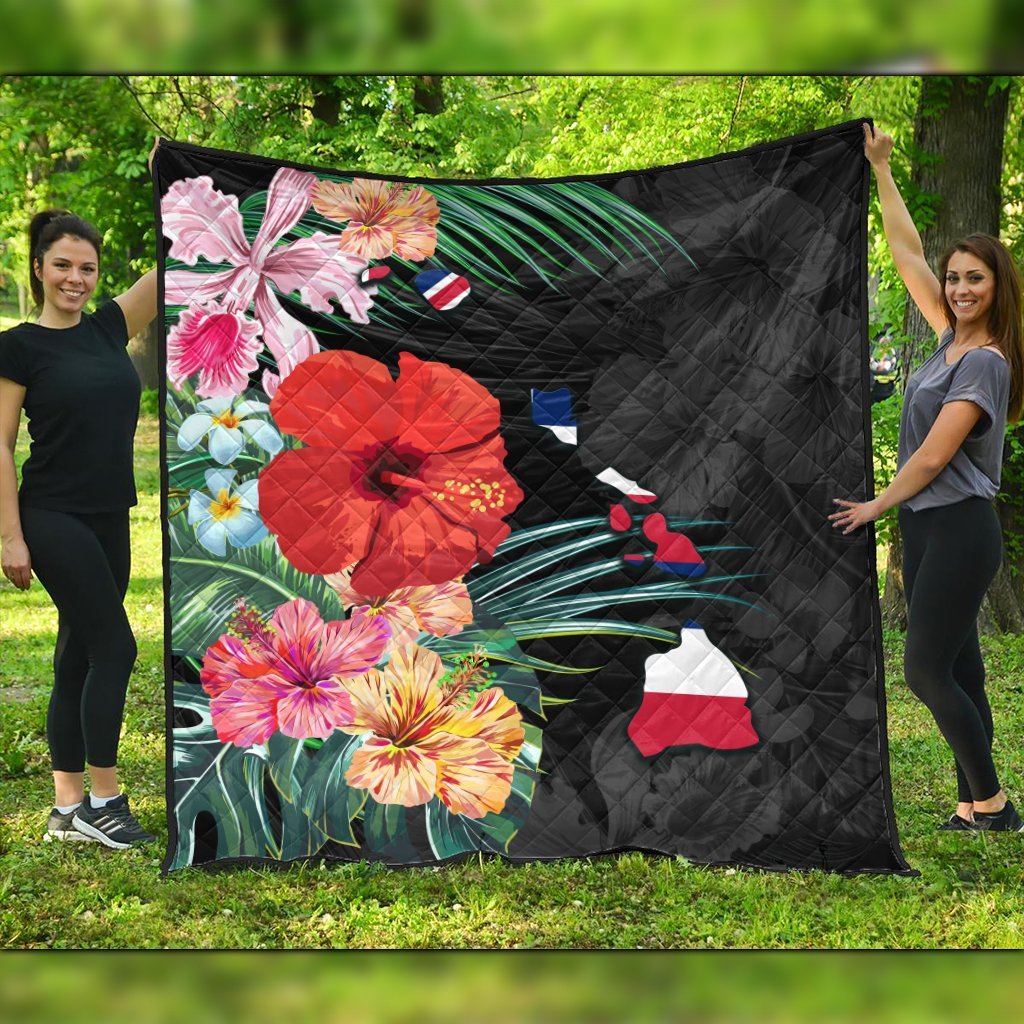 Hawaiian Map Hawaii Flag Hibiscus Polynesian Premium Quilts AH Black - Polynesian Pride