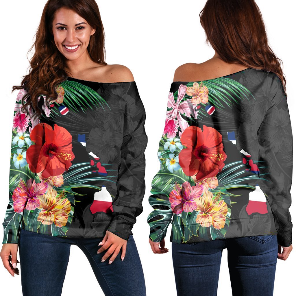 Hawaiian Map Hawaii Flag Hibiscus Polynesian Women's Off Shoulder Sweater AH Black - Polynesian Pride