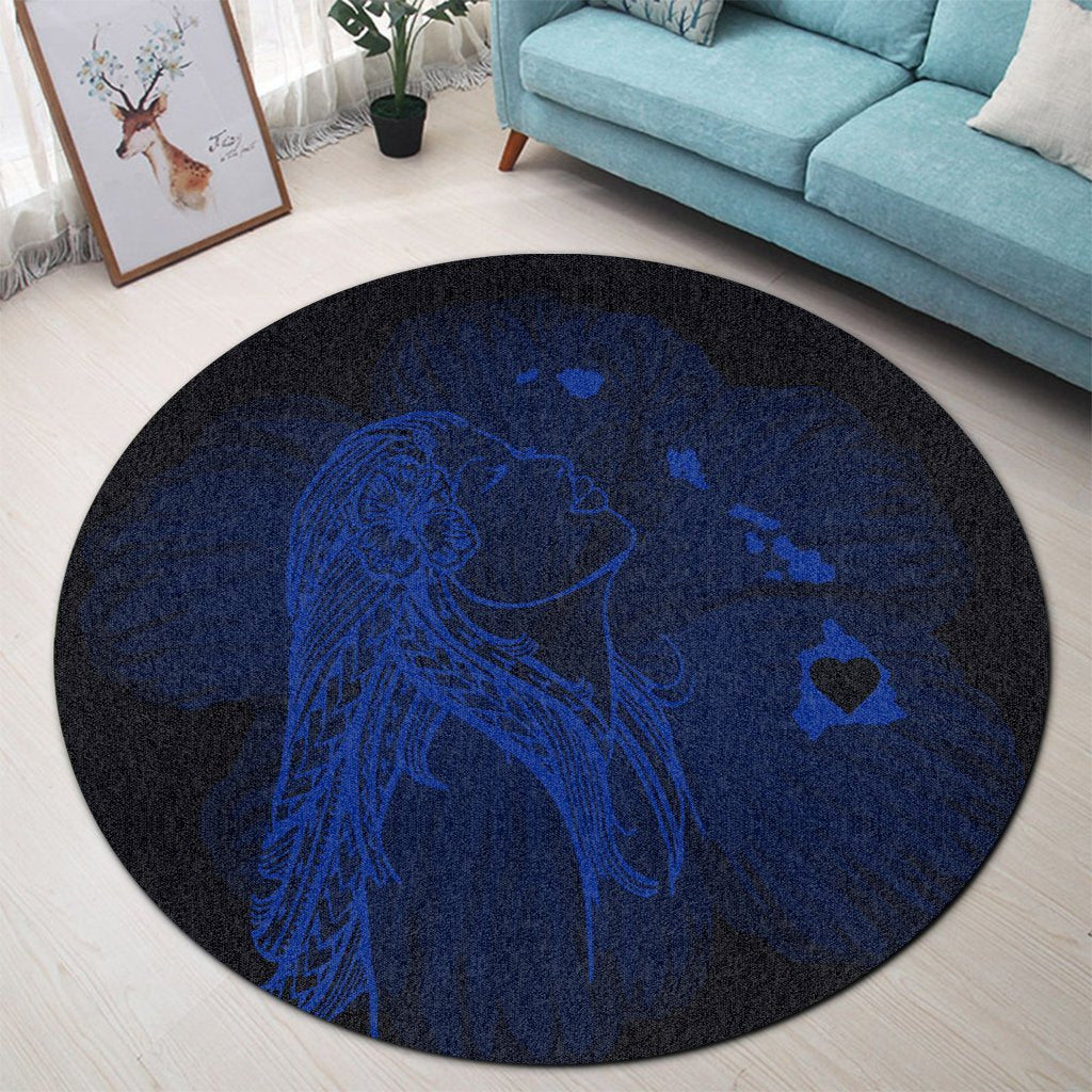 Hawaiian Map Heart Hula Girl Hibiscus Blue Polynesian Round Carpet - AH - Polynesian Pride