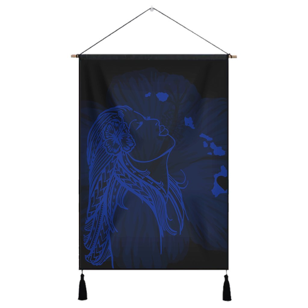 Hawaiian Map Heart Hula Girl Hibiscus Blue Polynesian Hanging Poster - AH Hanging Poster Cotton And Linen - Polynesian Pride