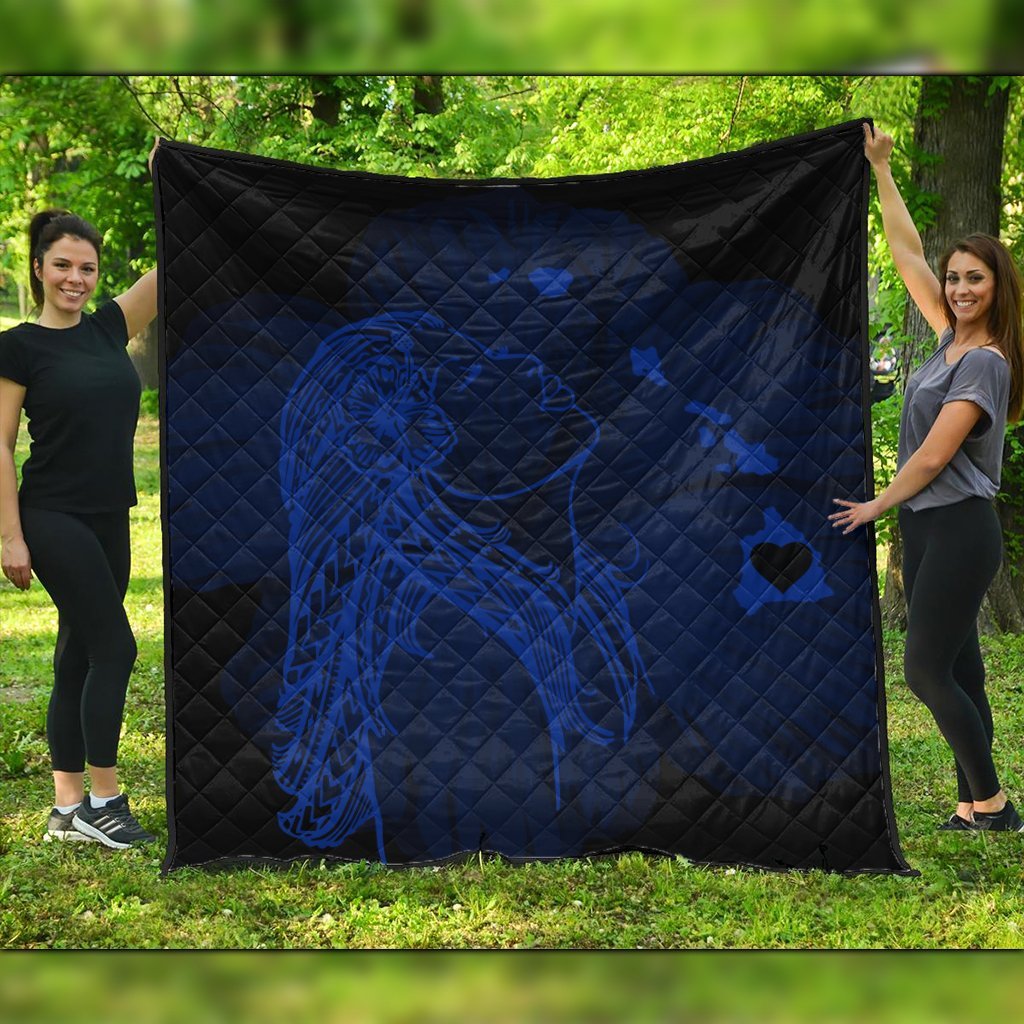 Hawaiian Map Heart Hula Girl Hibiscus Blue Polynesian Premium Quilts - AH Black - Polynesian Pride