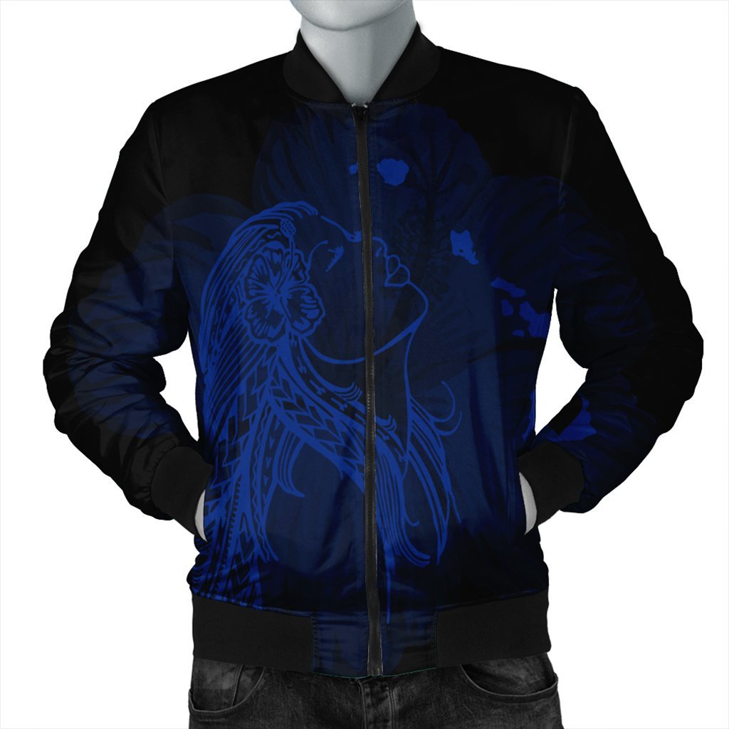 Hawaiian Map Heart Hula Girl Hibiscus Blue Polynesian Bomber Jacket - AH Black Unisex - Polynesian Pride